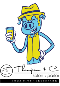 Blues mascot holding a beer with Thompson & Co. Logl